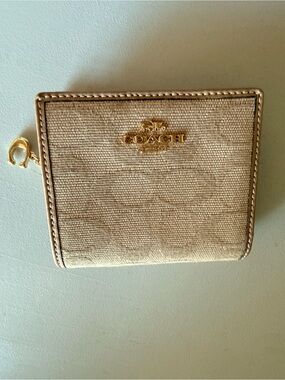 Coach Beige Canvas Zip Wallet with Gold Logo